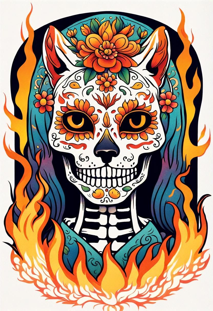 Colorful Calavera Cat with Flames, Mixed Media Style