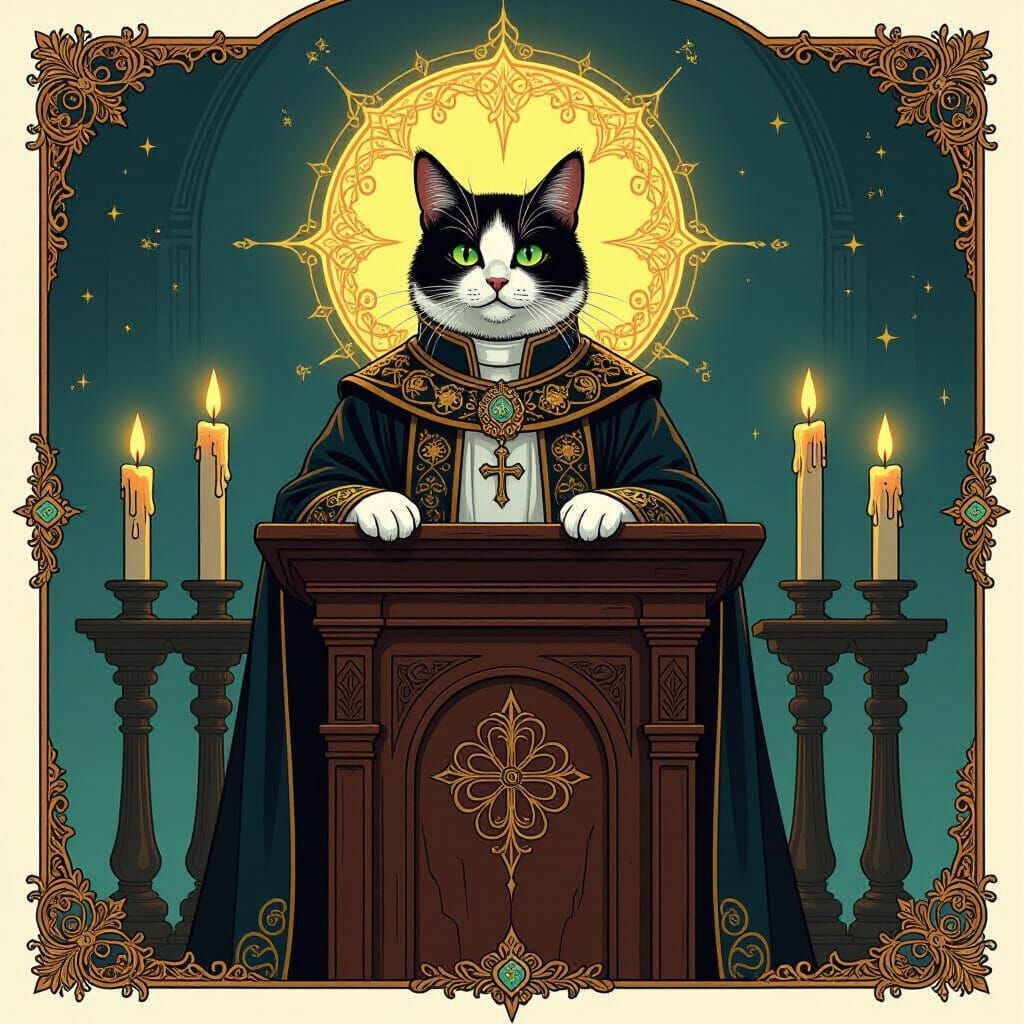 Regal Cat Priest at Ornate Pulpit