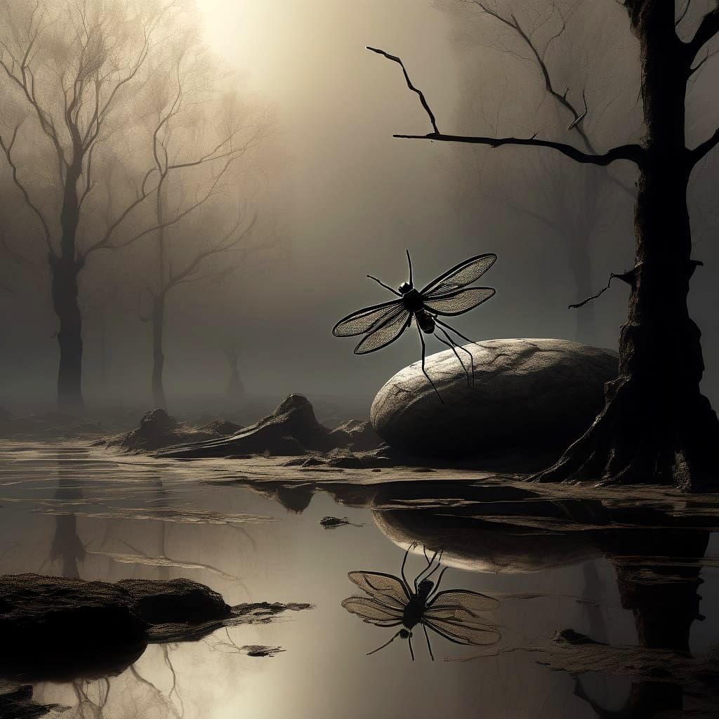 Surreal Fossil Structure with Mutant Arachne and Giant Fly