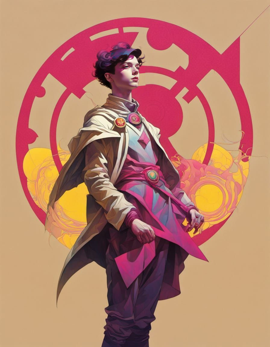 Boy with arcane symbol, geometric art and glitch art ,black,...