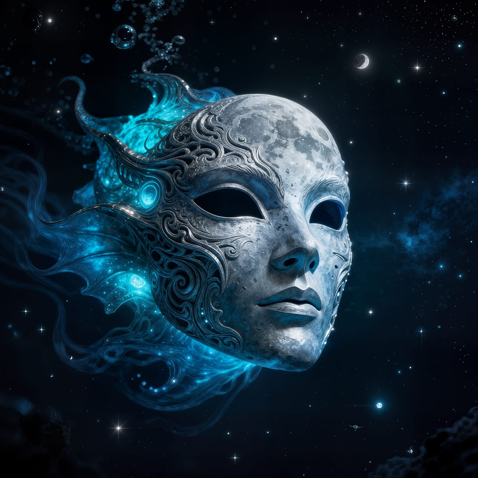 Moonlight Mask Floating in Cosmic Void