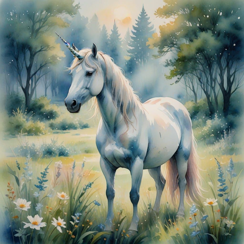 Ethereal Meadow Unicorn in Soft Watercolor