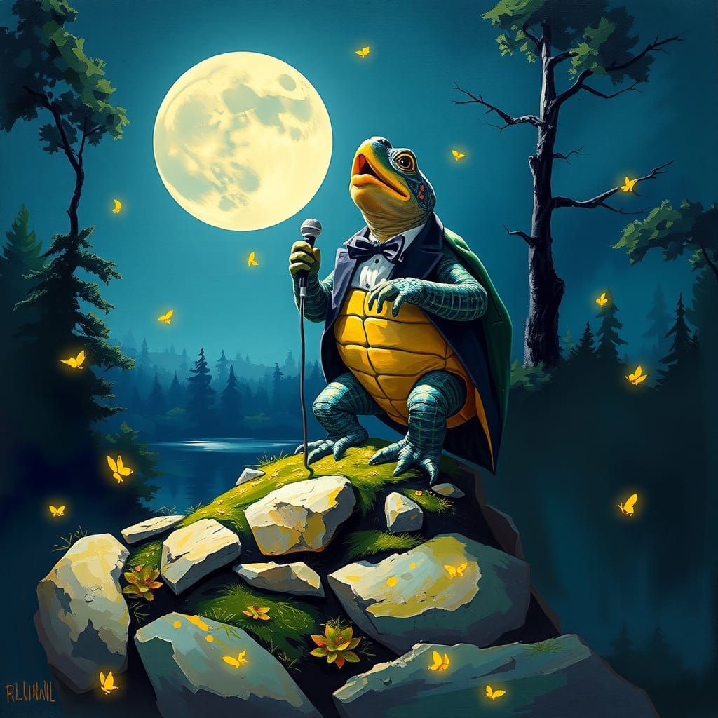 Singing Turtle Serenade Under Moonlight, Impasto Painting