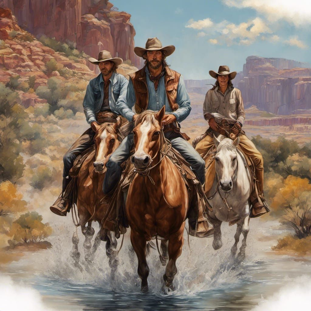 Hyperrealistic Cowboys Muster Cattle in River