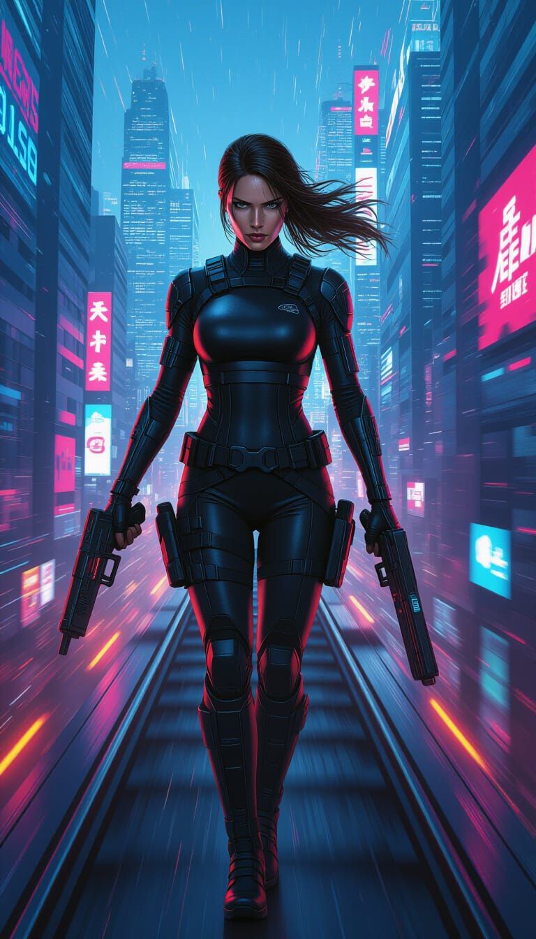Cyberpunk Lara Croft on a Speeding Train