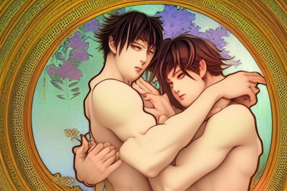Affectionate Yaoi Couple in Art Nouveau Style
