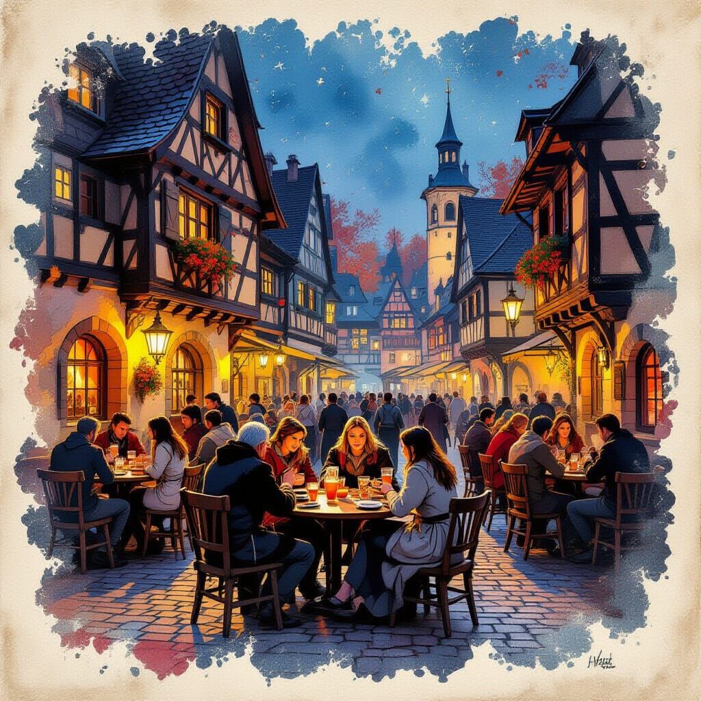 Medieval Tavern Scene Blended with Autumn Night