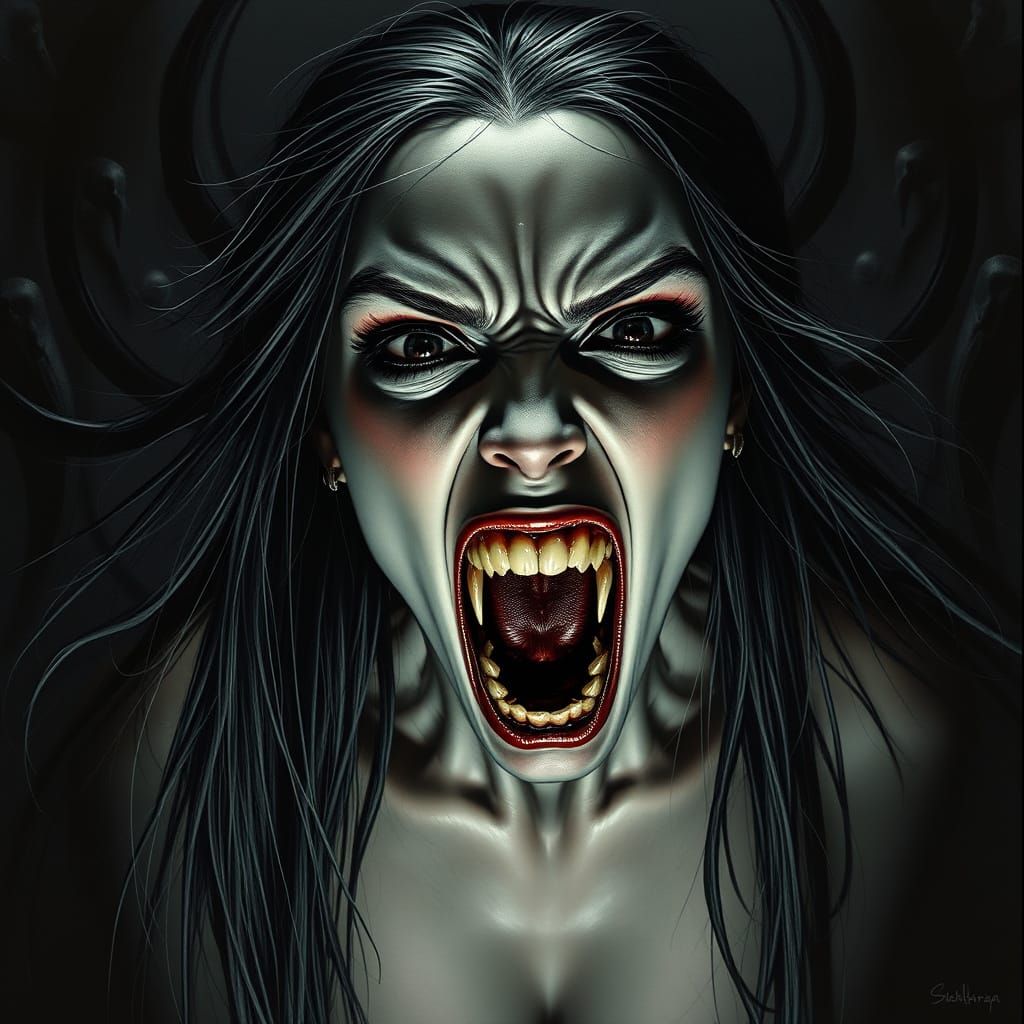 Eerie Pierced Woman with Fang Teeth in Dark Biomechanical St...