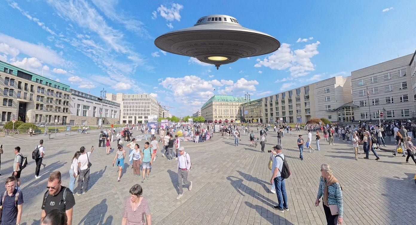 Metallic Flying Saucer with Portholes in Sky