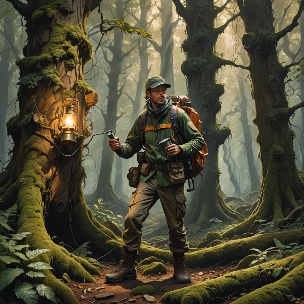 Explorer in Forest Ecosystem: Hyperrealistic Splash Art