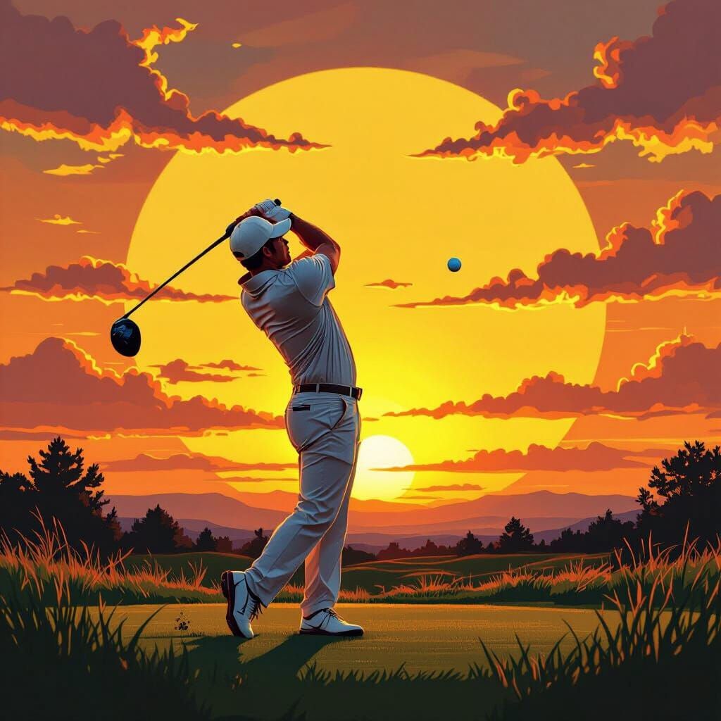 Golfer at Sunset: Serene Landscape with Vibrant Colors
