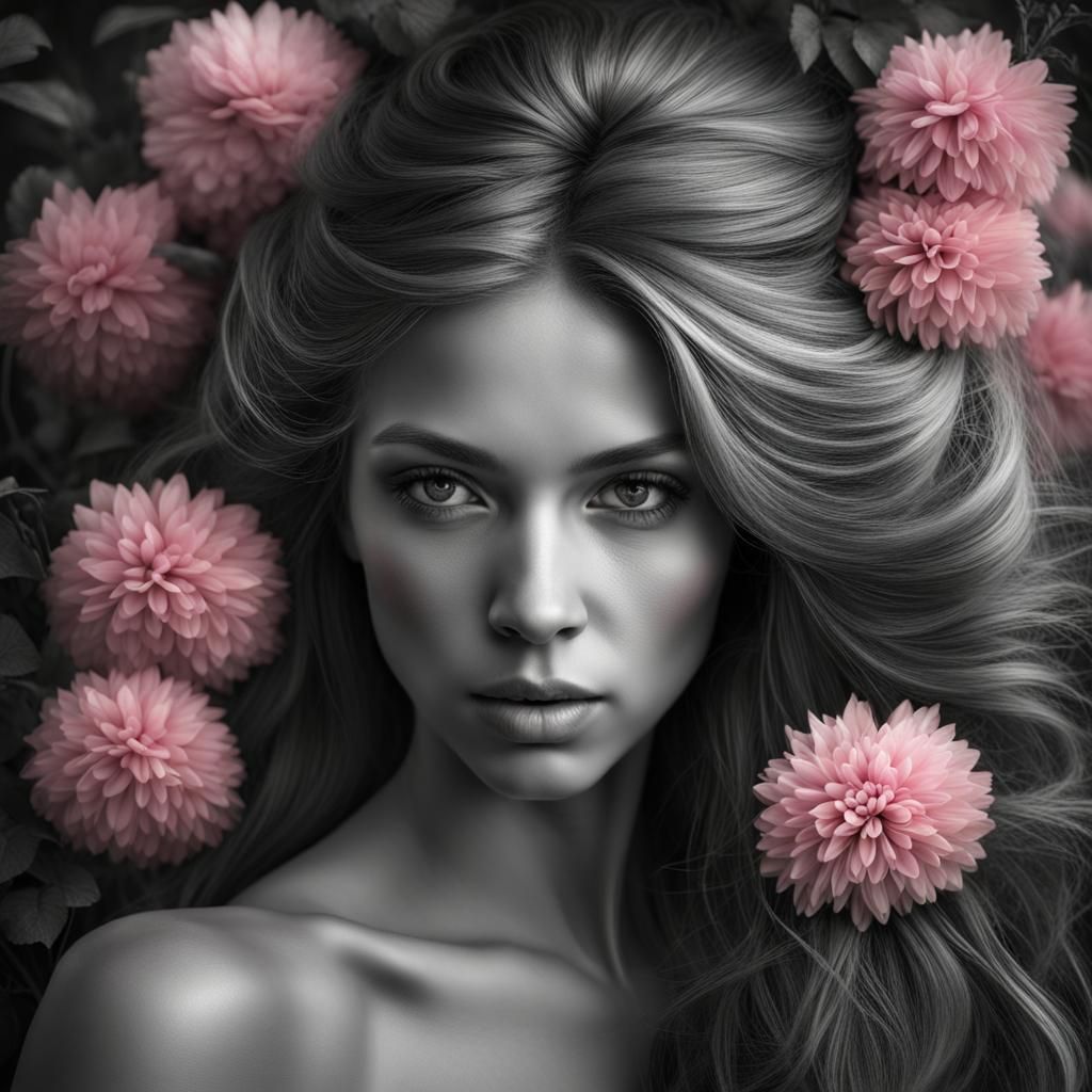 Monochrome Woman with Pink Flowers, Hyperrealistic Close-Up