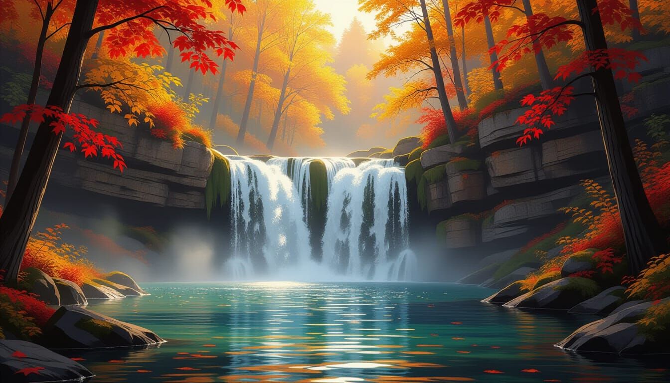 Hidden Autumn Waterfall in Warm Forest Tones