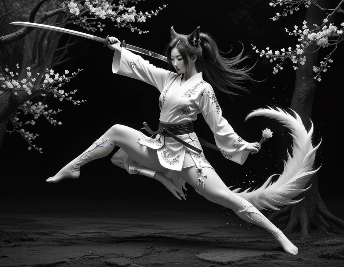 Ethereal Kitsune Katana Artist in Graphite Pencil Style