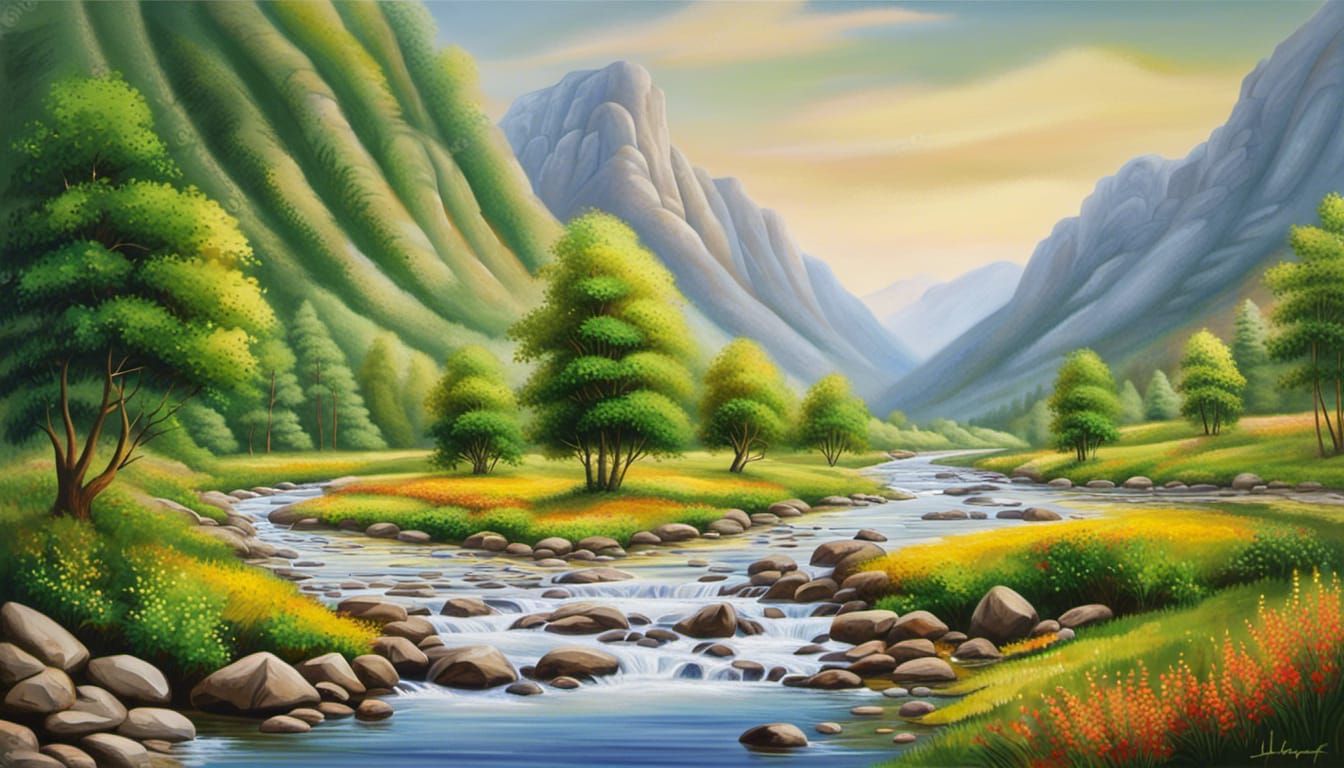 Photorealistic Landscape Painting of Flower Valley