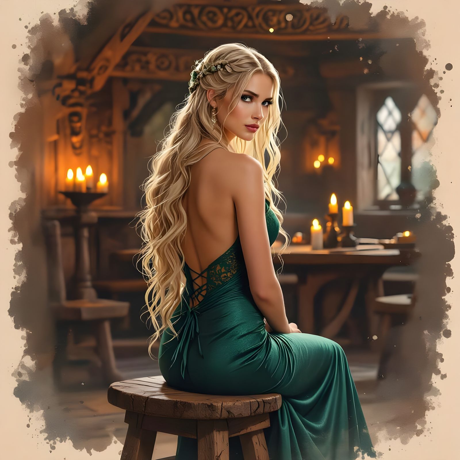 Norse Goddess Portrait with Watercolor and Ink Details