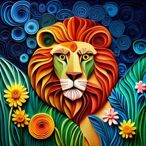 Paper Quilling Lion in Surreal Landscape