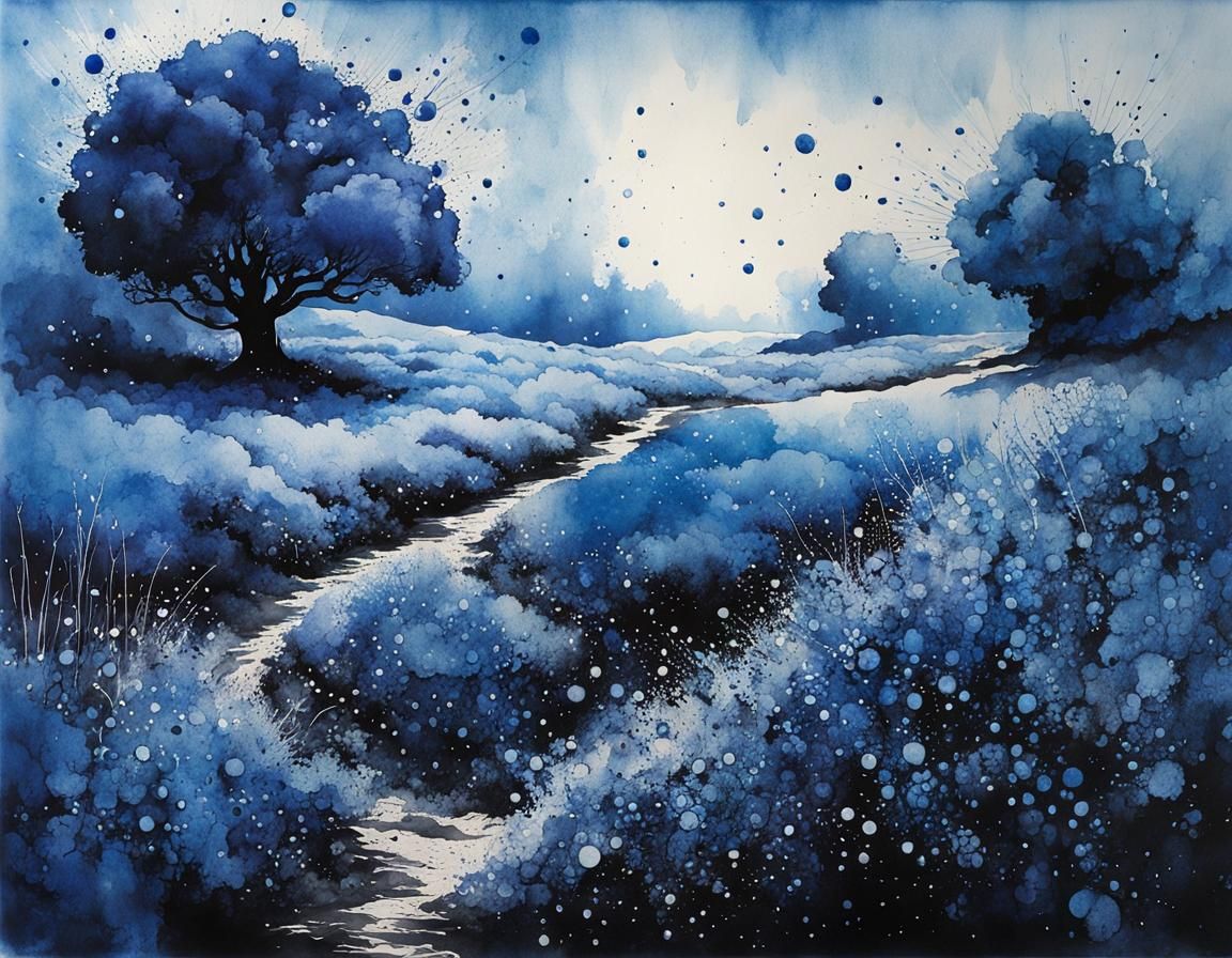 Blue Ink Splash Art Masterpiece in Watercolor Style