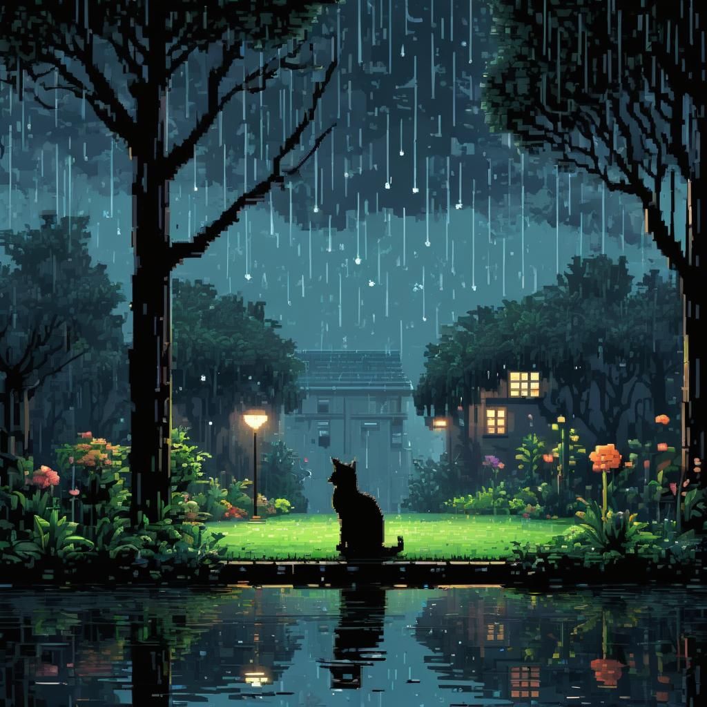 8-bit Pixel Art: Rainy Night Cat Silhouette