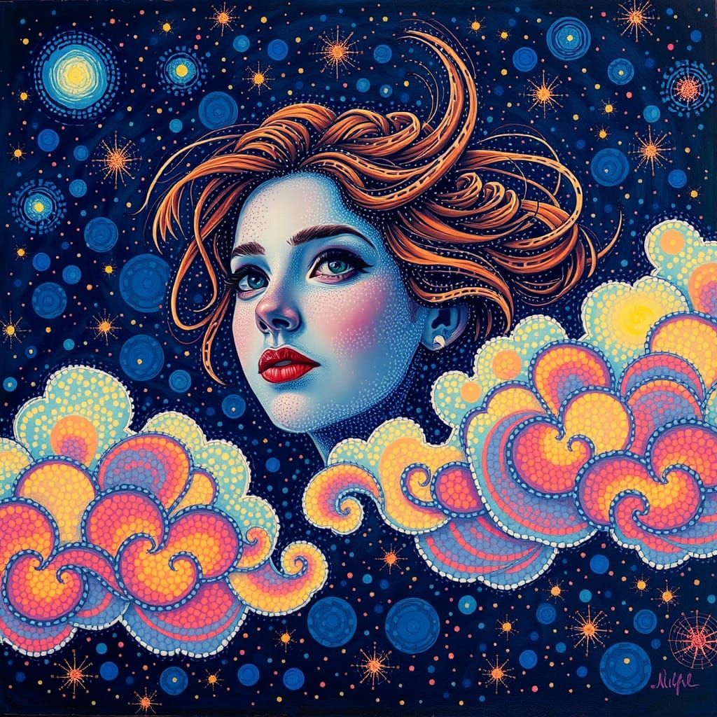 Woman Portrait in Pointillist Starry Night Sky