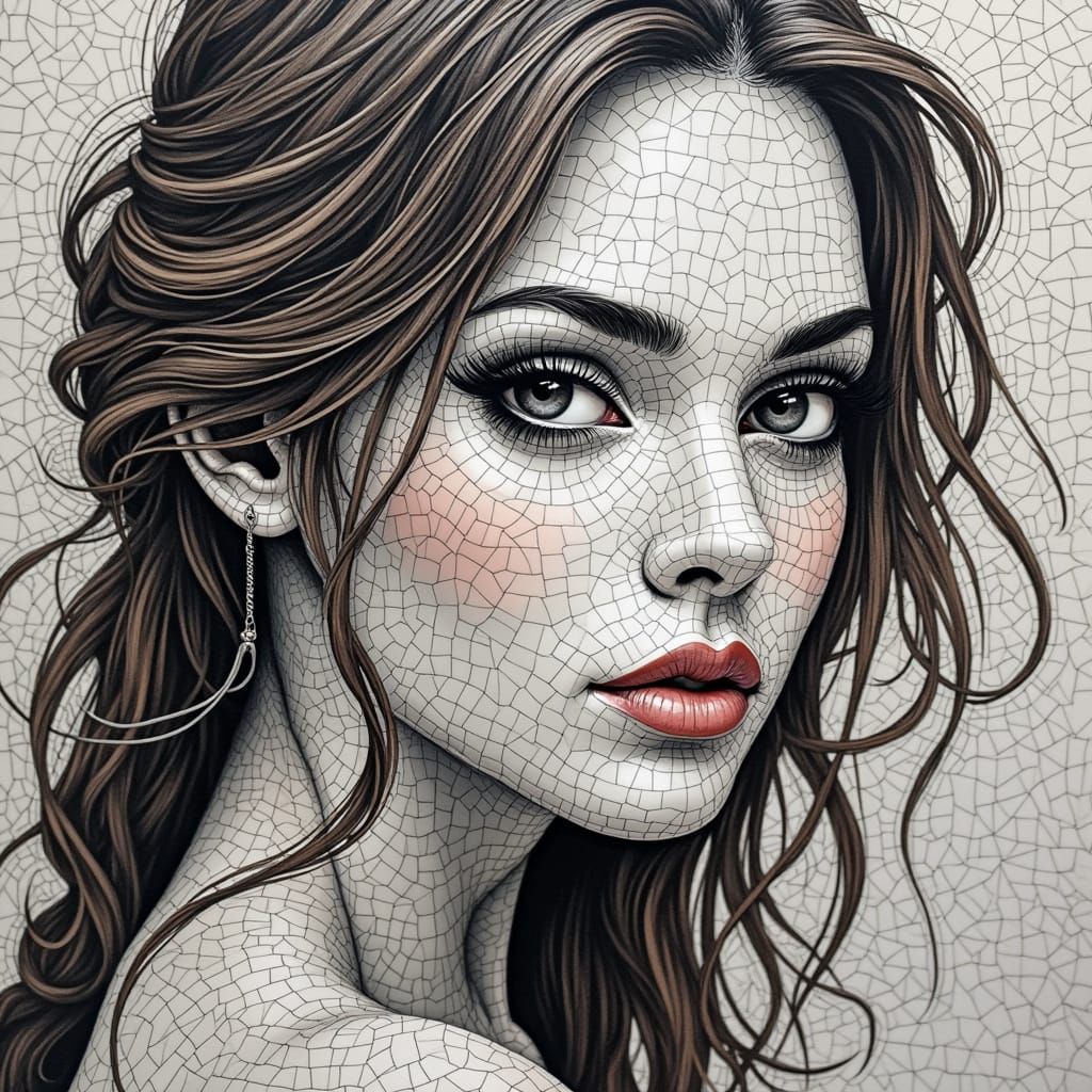 Mosaic Portrait of a Serene Woman in Zentangle Style