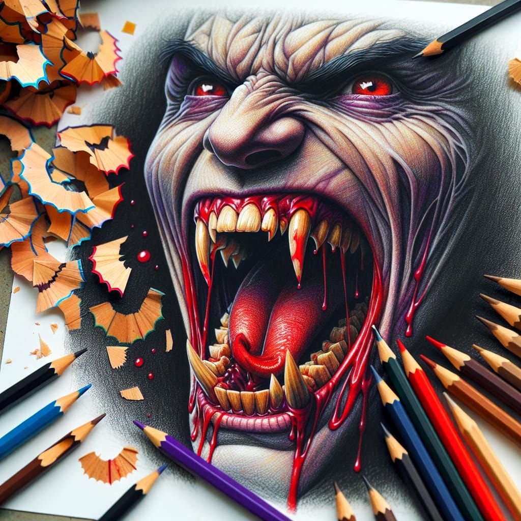 Intricate Hand-Drawn Vampire with Sharp Fangs