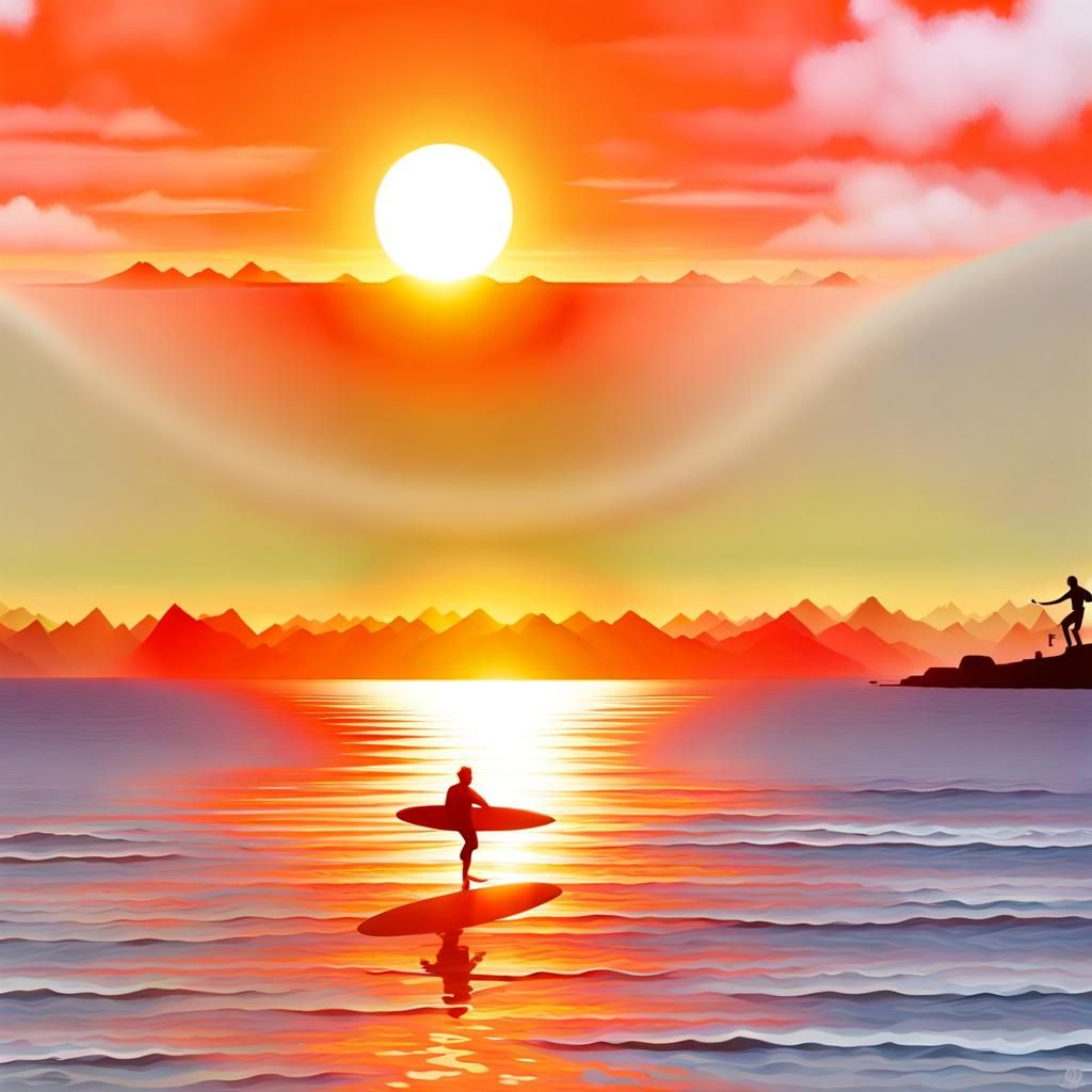 Cubist Surfer Rides Wave at Sunrise