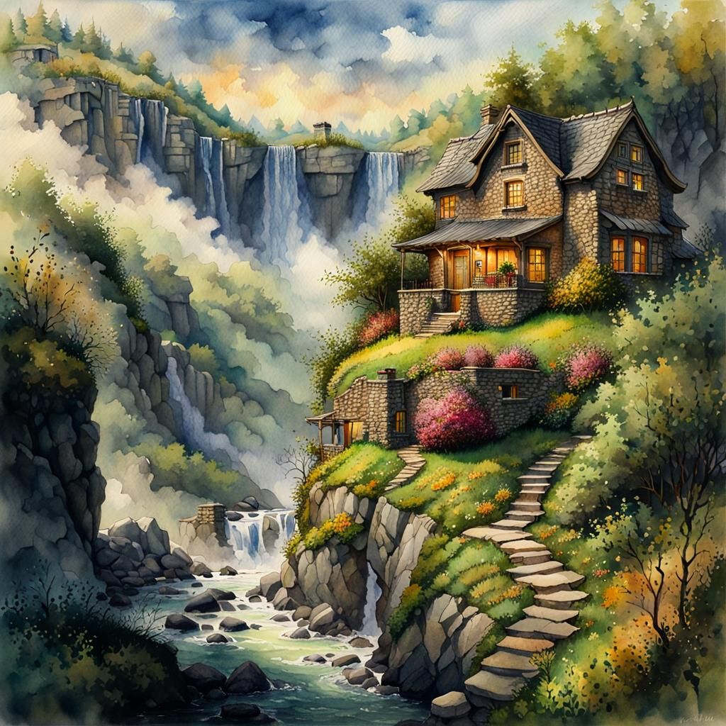 Cottage Overlooking Ravine as Watercolor Painting