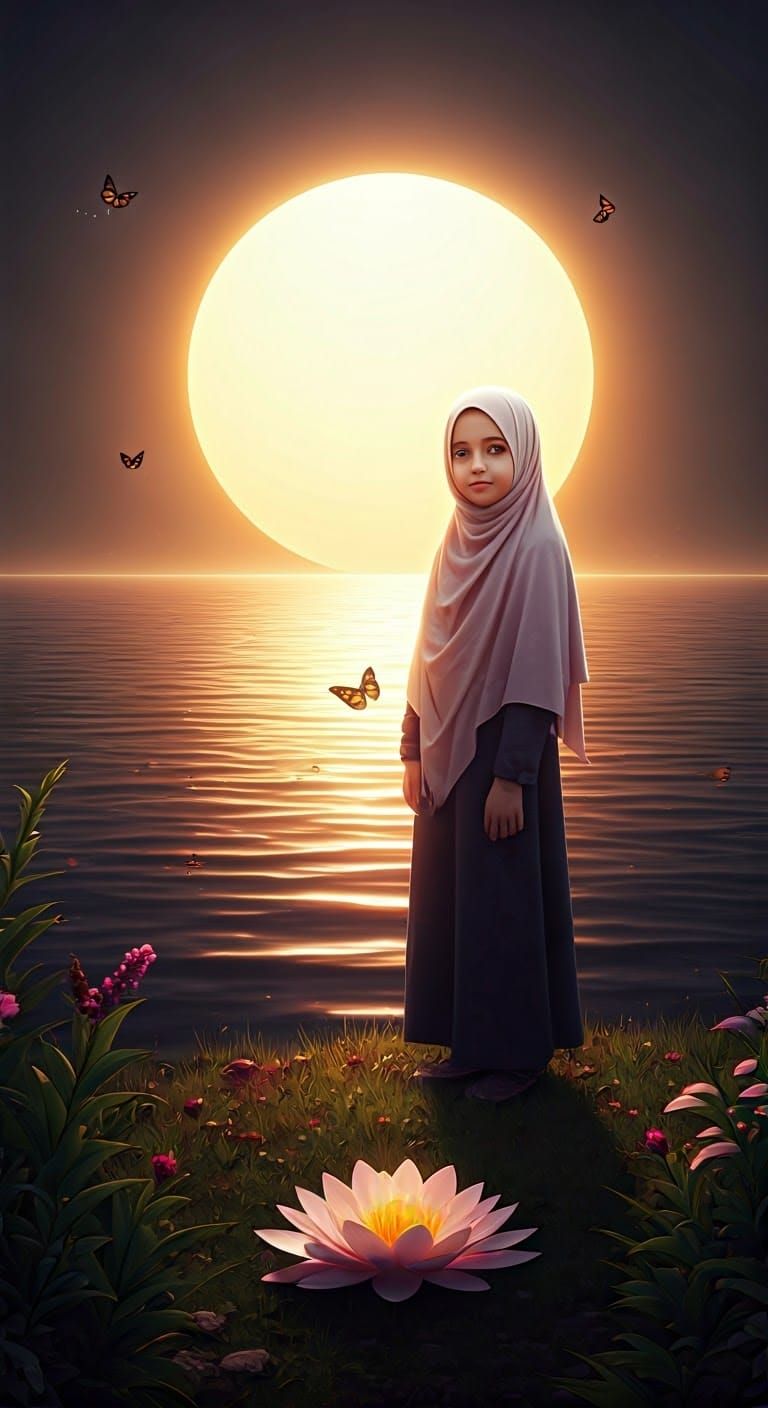 Serene Lake with Girl in Hijab: Dark Fantasy AI Art