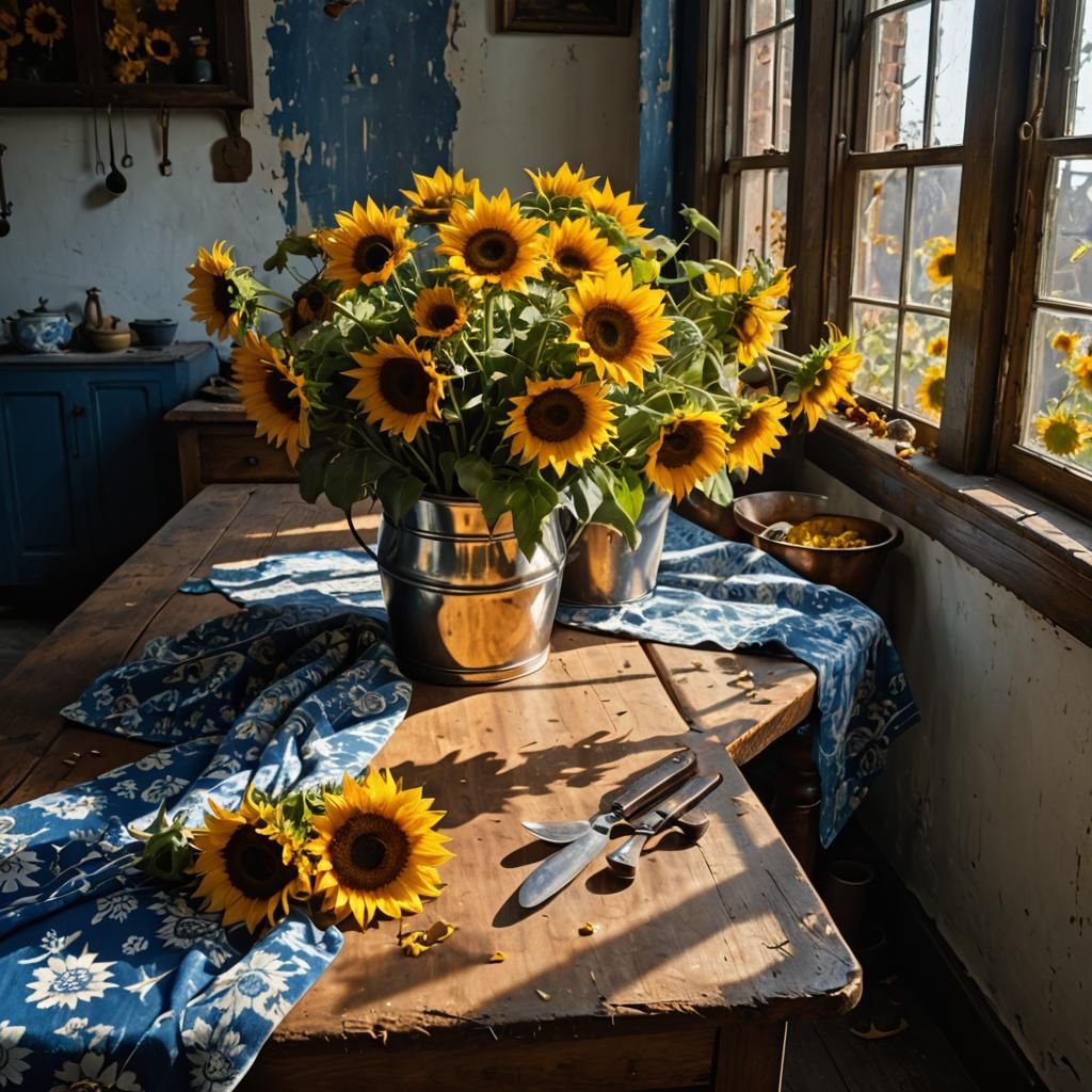 Sunflowers and Delft Blue Flowers by Window