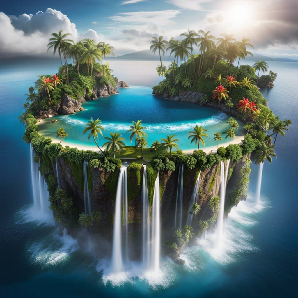 Floating Tropical Island with Waterfalls