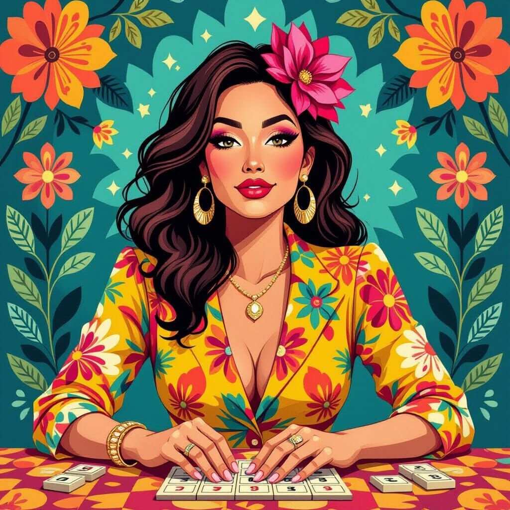 Woman Playing Bingo in Bold, Playful Style