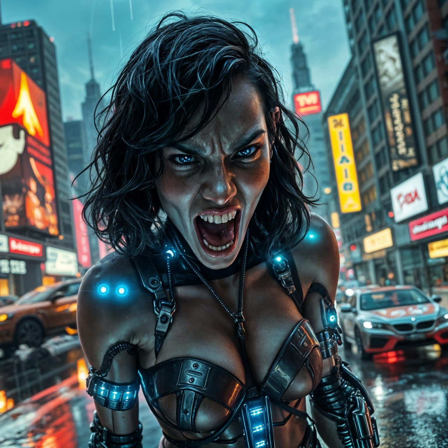 Cyberpunk Goddess of the Rainy Cityscape