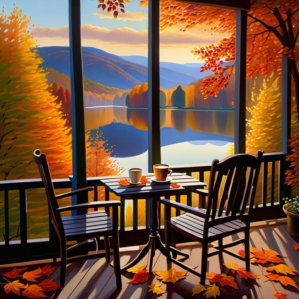 Veranda View: Autumn Lake in Impressionistic Style