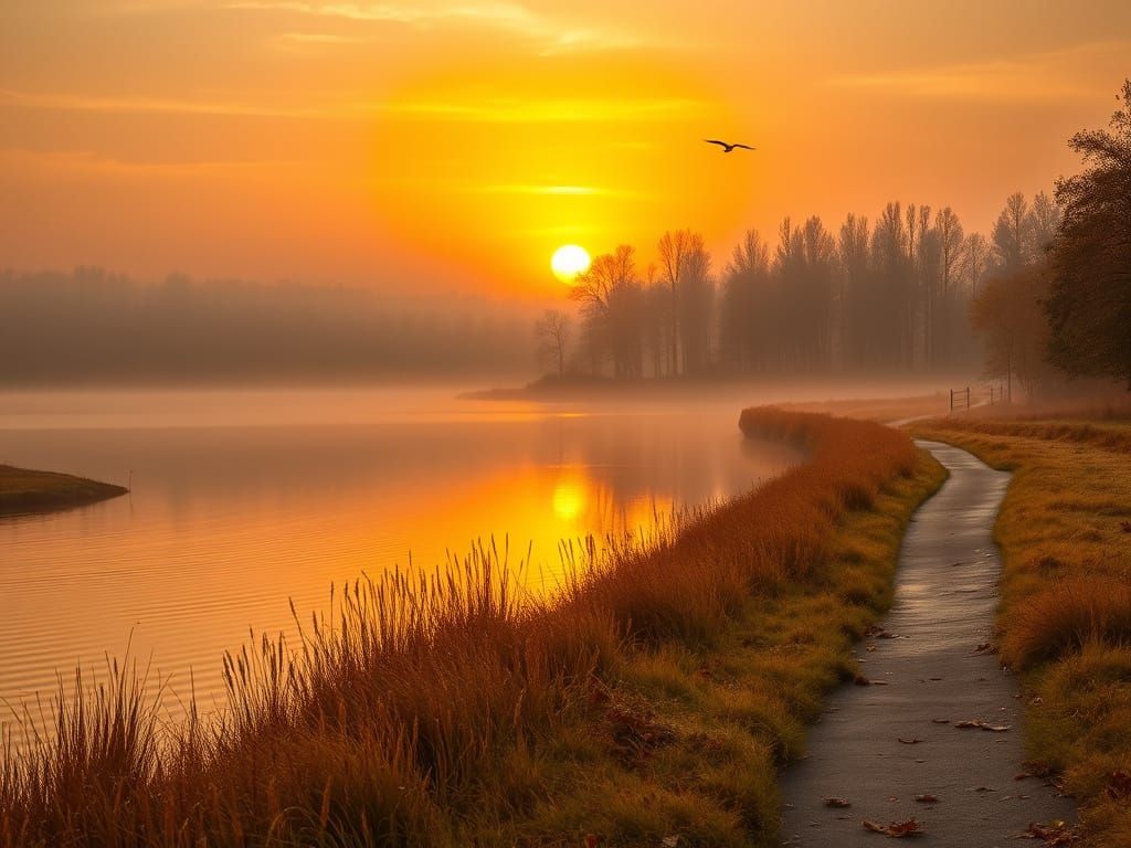 Enchanting Autumn Sunset Over Misty Lake