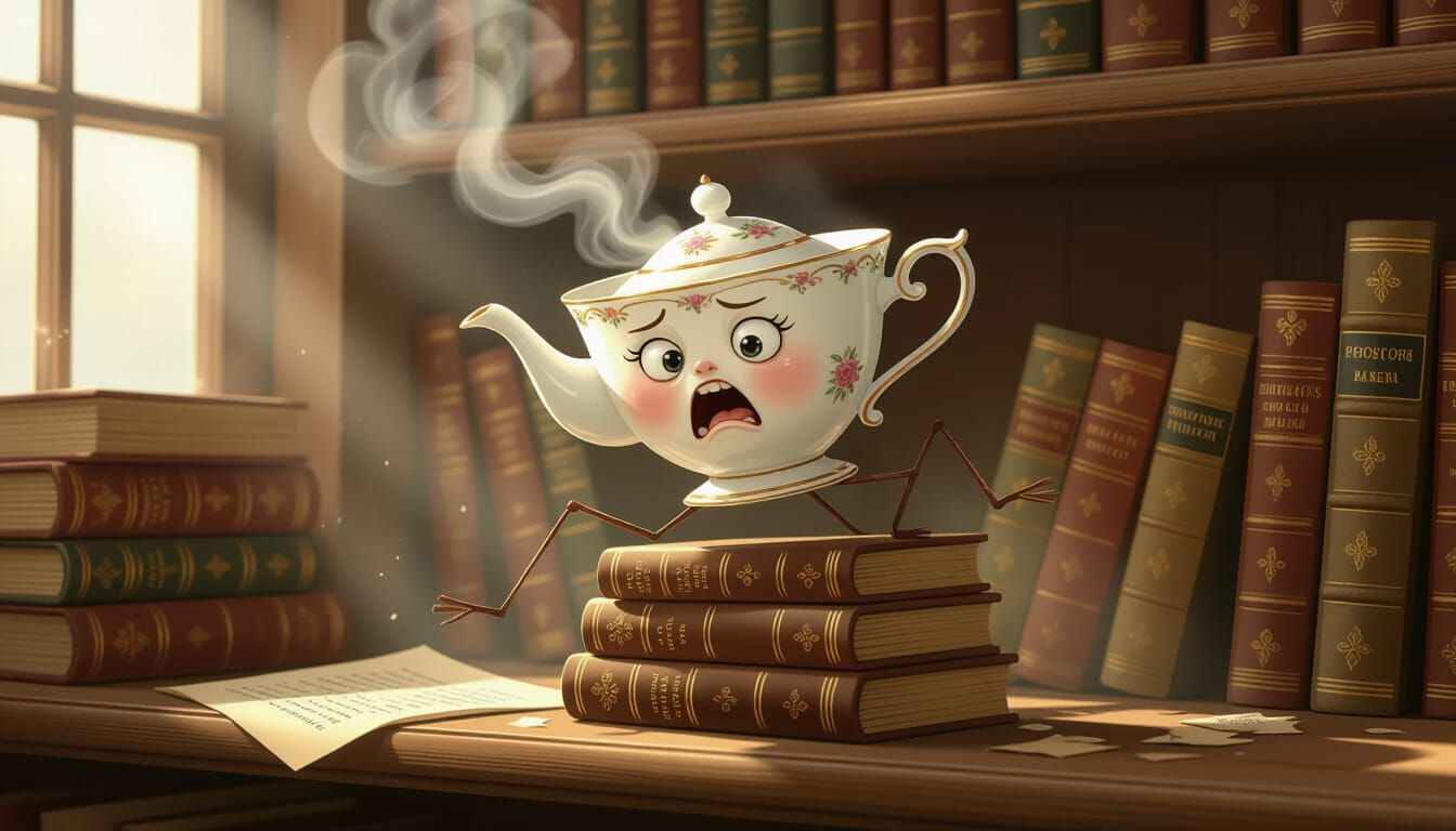 Anthropomorphic Teacup Balances on Books in Dusty Library