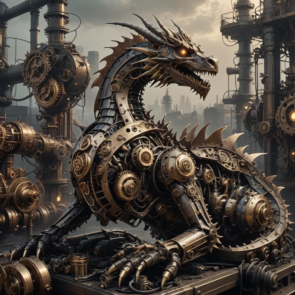 Cyberpunk Steampunk Robotic Dragon on Gears