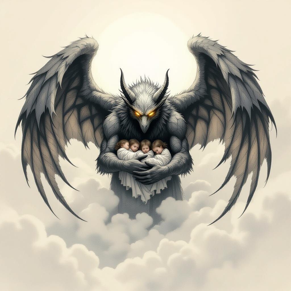 Celestial Guardian Spirit Sheltering Orphans: Charcoal Drawi...