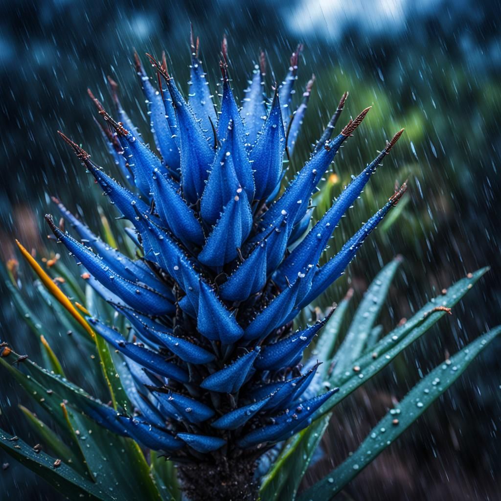 Blue Puya in rain