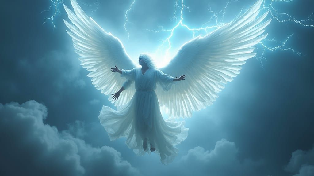 Angel Descends with Radiant Wings and Electric Blue Lightnin...