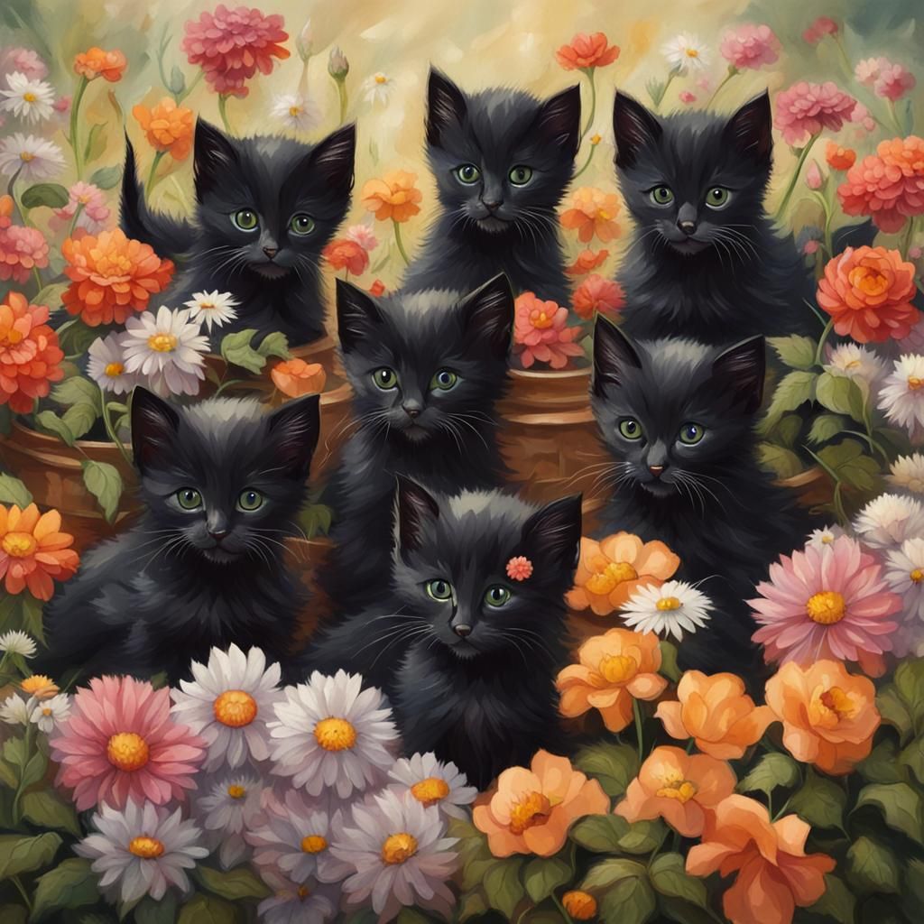 Tiny Black Kittens Surrounded by Flowers