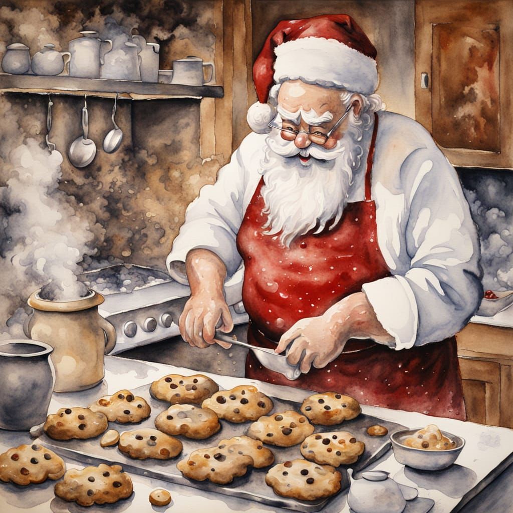 Santa Baking Cookies in Kitchen Watercolor Style