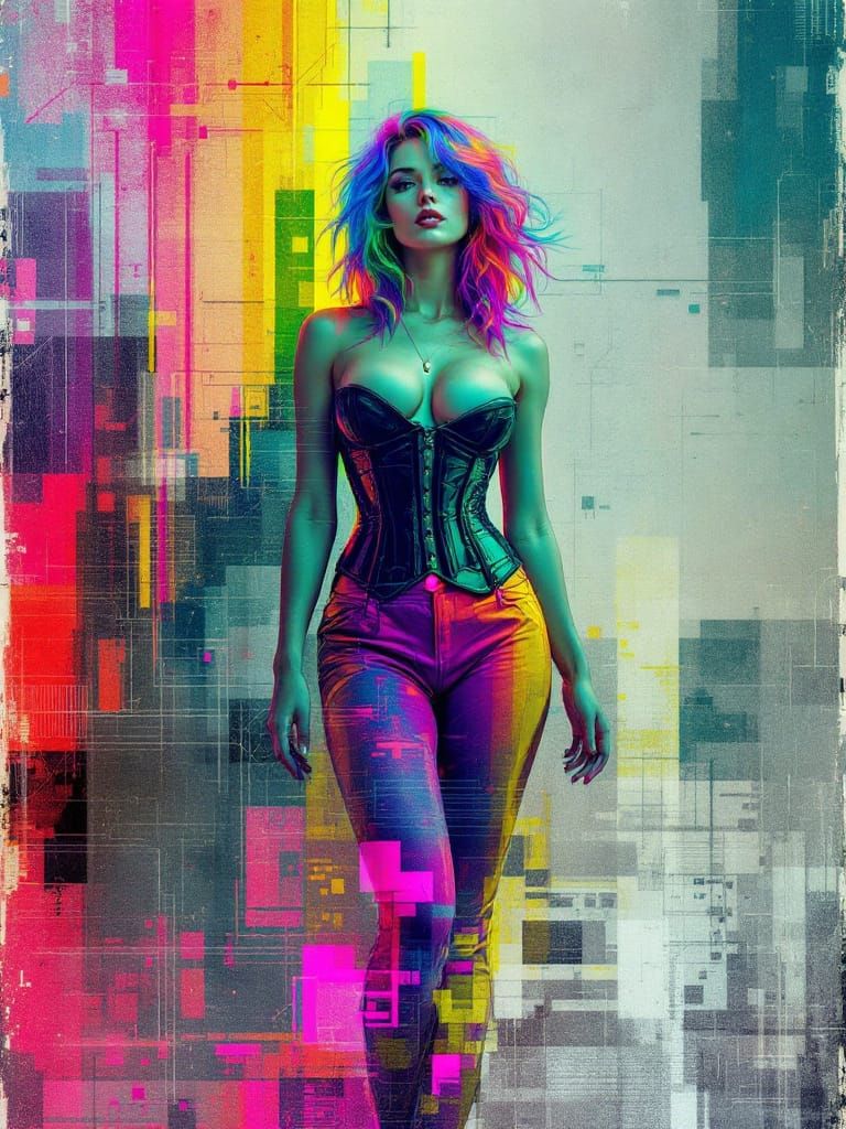 Renaissance Glitch Art Pin-Up Woman in Neon Mist
