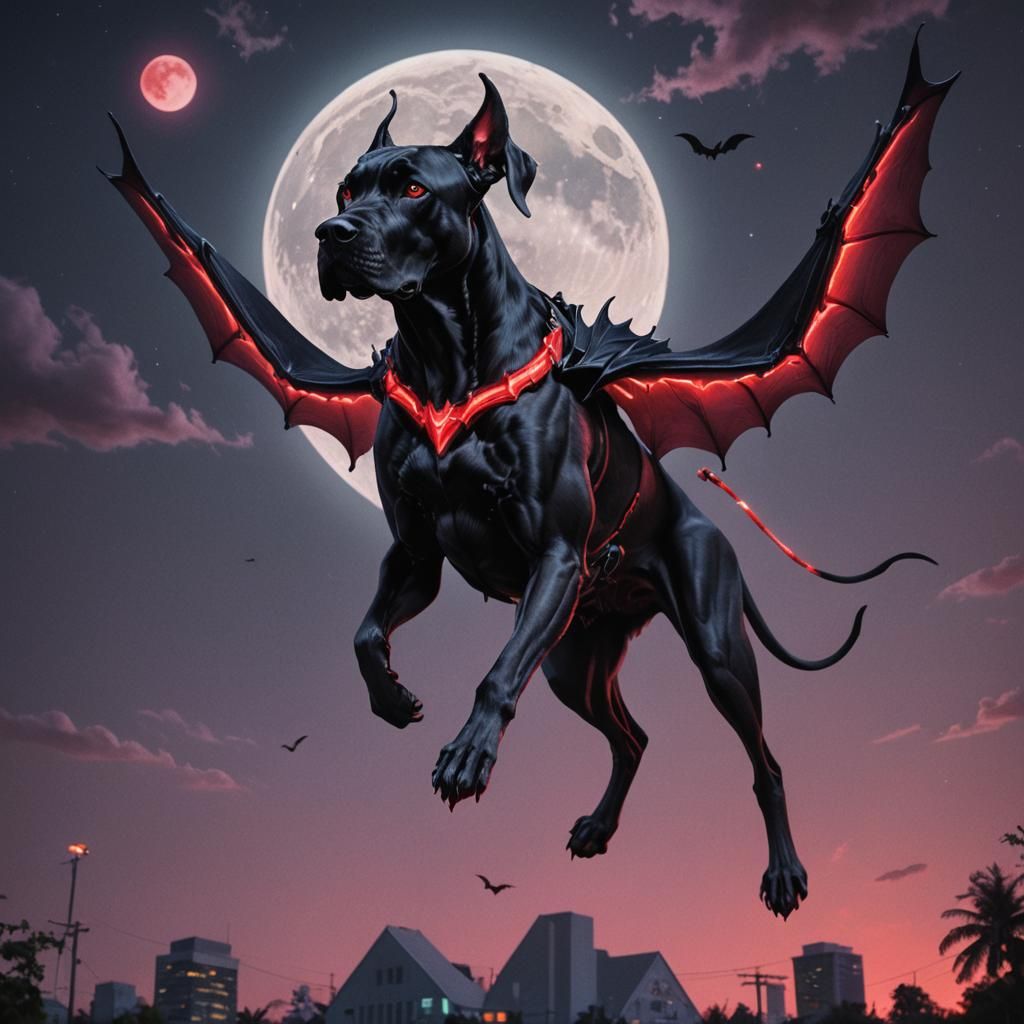 A hyperrealistic muscular black Great Dane with bright glowing red eyes, Four legs, one head, one tail, snarling fiercel...