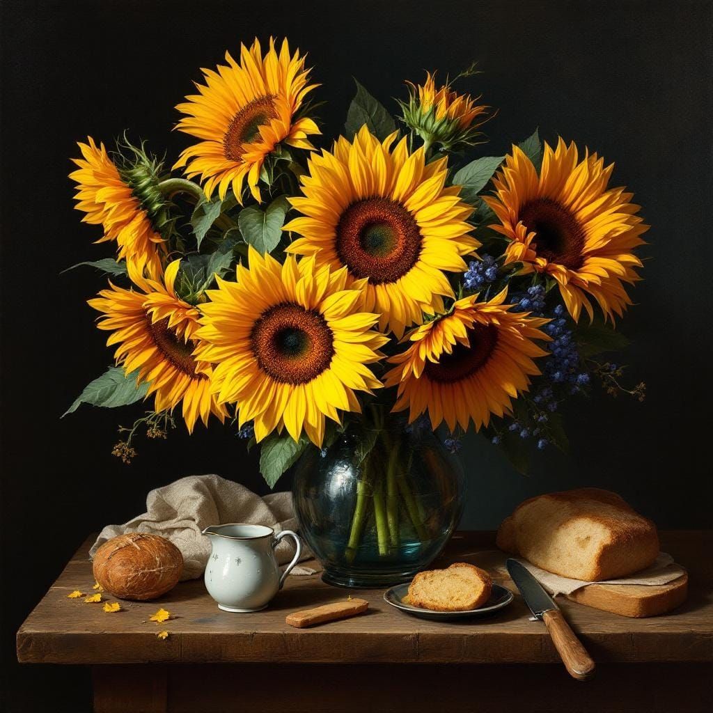 Baroque Still Life of Sunflowers with Dramatic Lighting