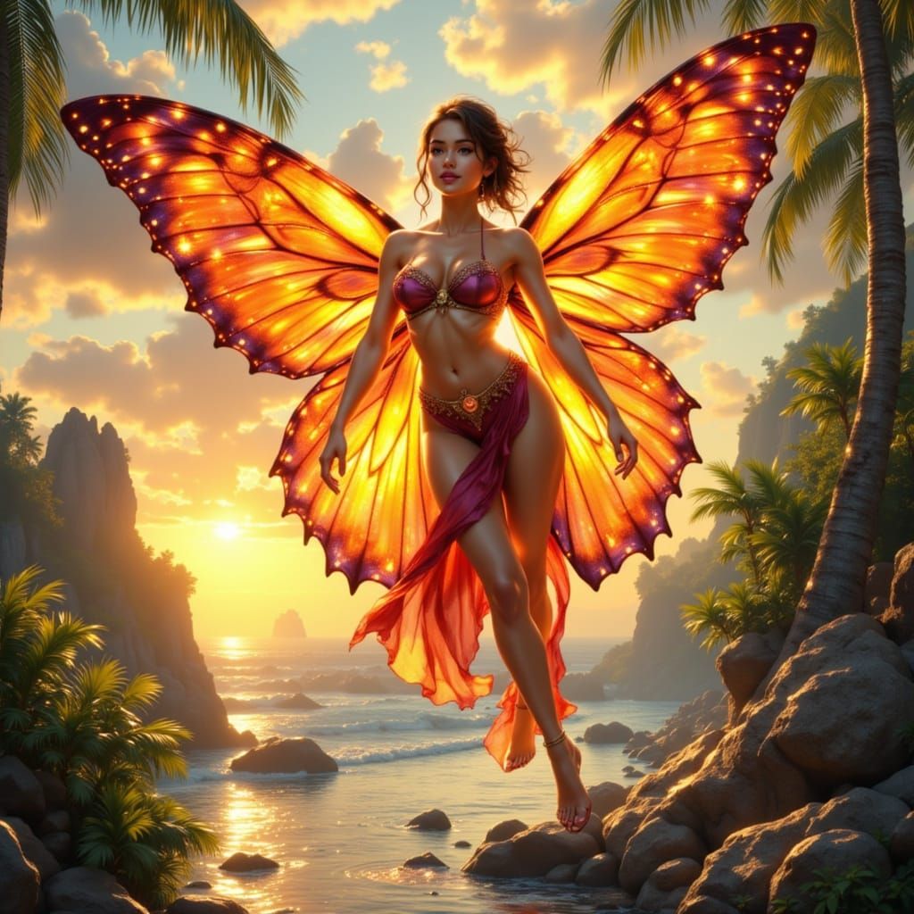 Tropical Fairy Flies Over Island at Sunset