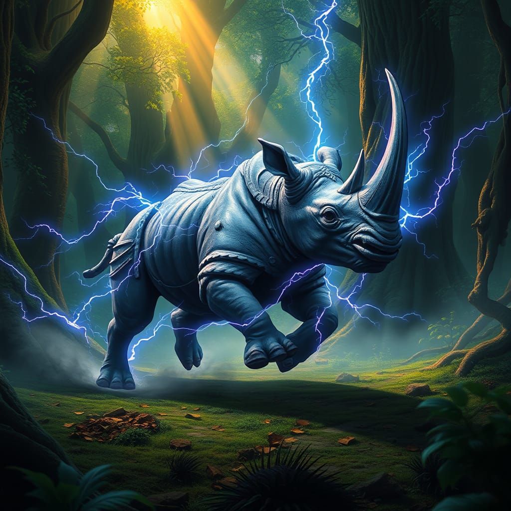 Ferocious Rhinophant Charges Through Emerald Forest