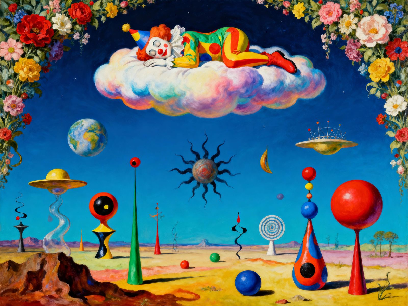 Surreal Celestial Clown Dreams in Dalí Miró Style