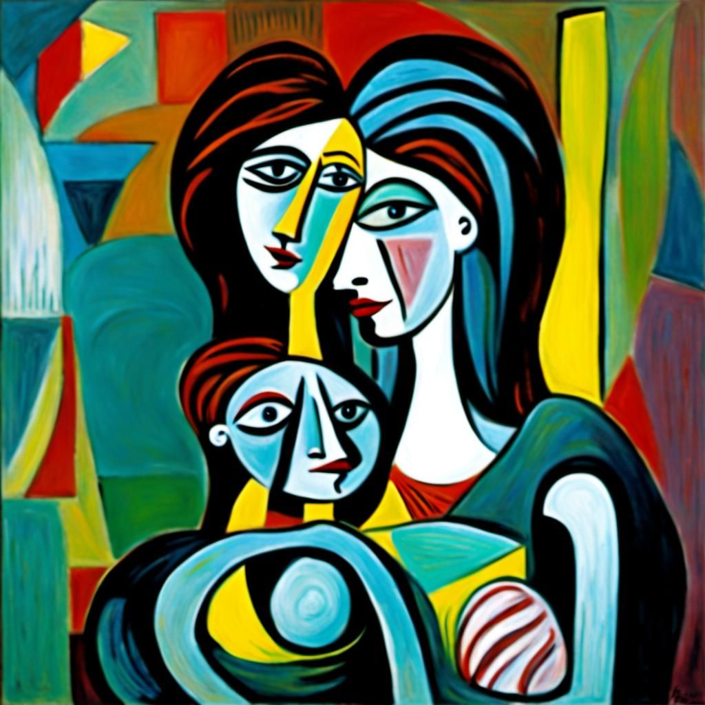 Emotional Mother and Child Painting in Cubist Style