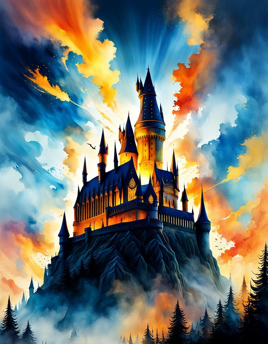 Whimsical Wizards Fly Above Hogwarts: Watercolor Art
